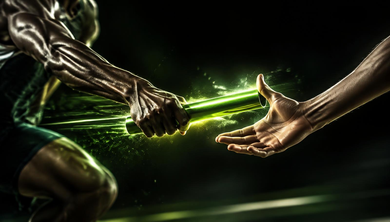 Close-up of one runner passing a glowing baton into another runner's hand