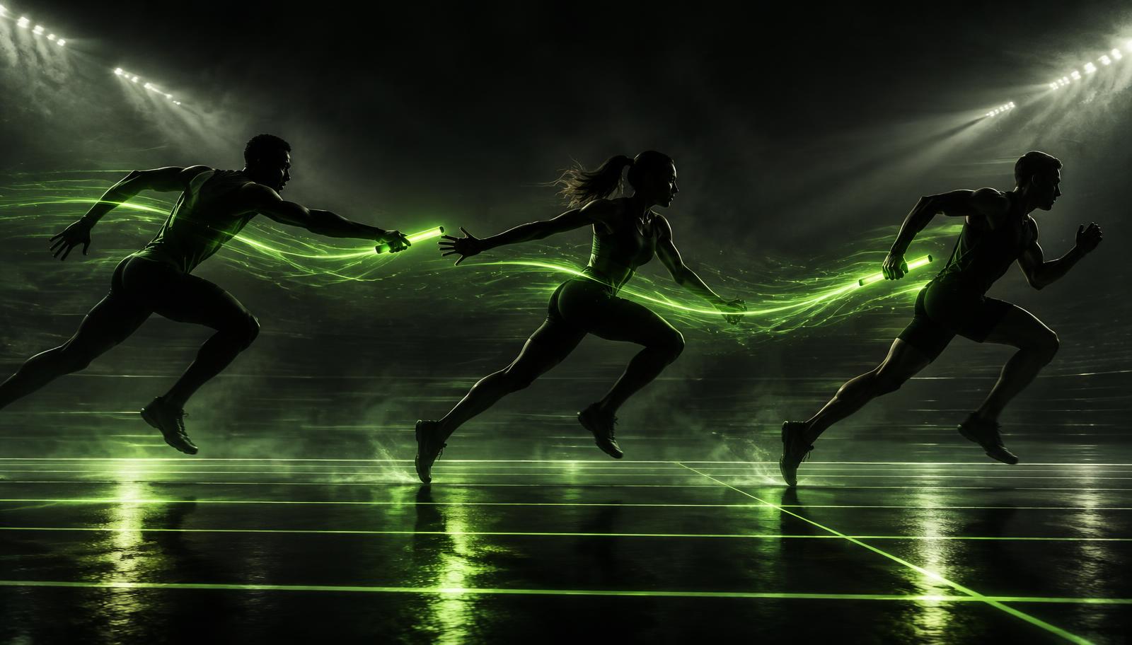 Silhouetted relay runners passing a glowing baton on a dark track, representing the 3M Prosperity System as the track while CBSU hands off to MIF
